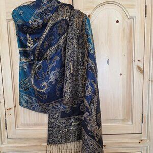Bohemian Paisley Shawl Wrap Woven Jacquard Fringed Scarf Ombre Blue Black